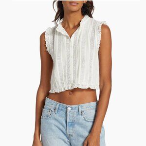 DOEN Hallie White Pintuck Lace Ruffle Organic Cotton Blouse Size M